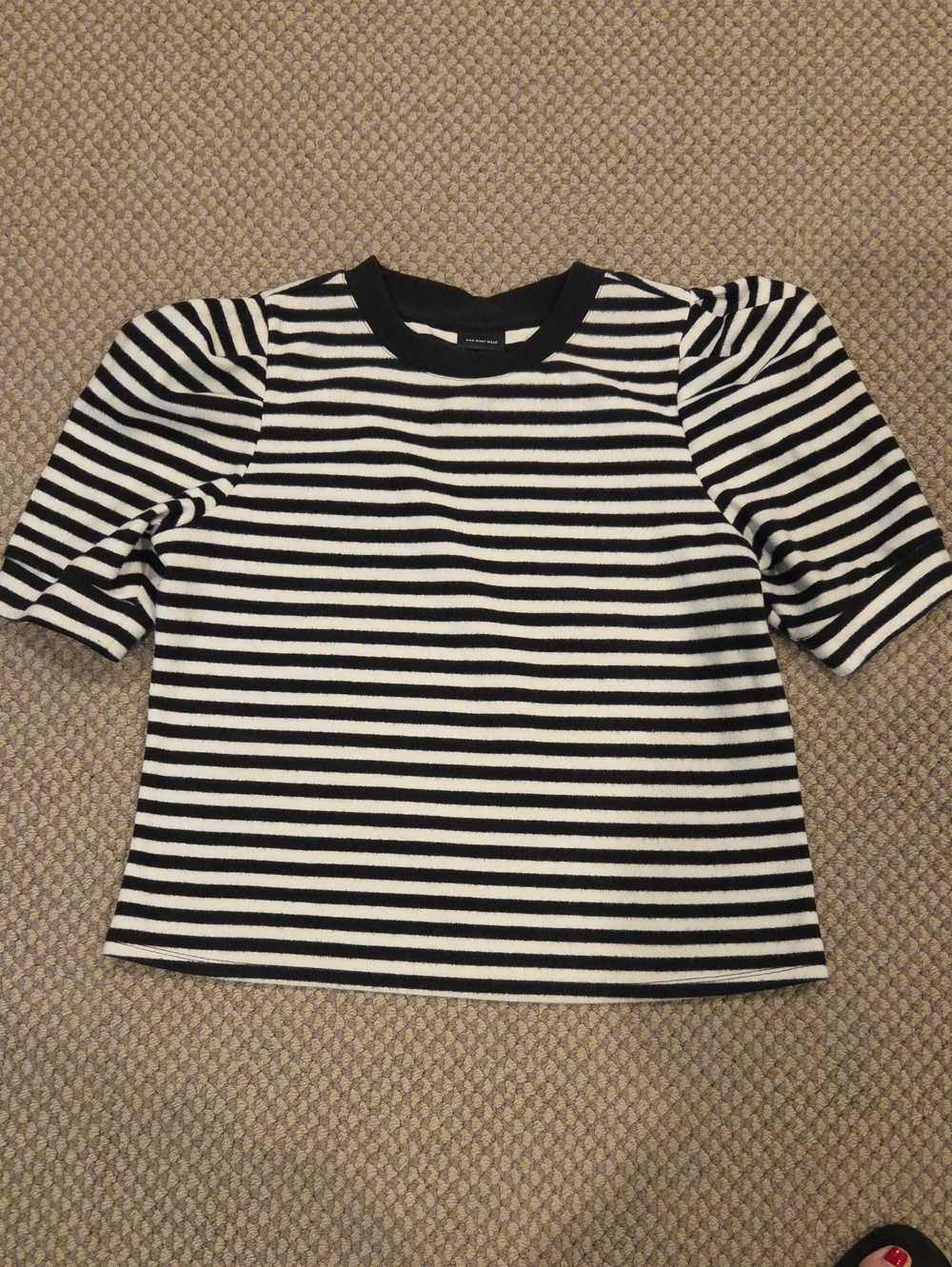 Who What Wear Black & White Striped Puff Sleeve Tee Sz L